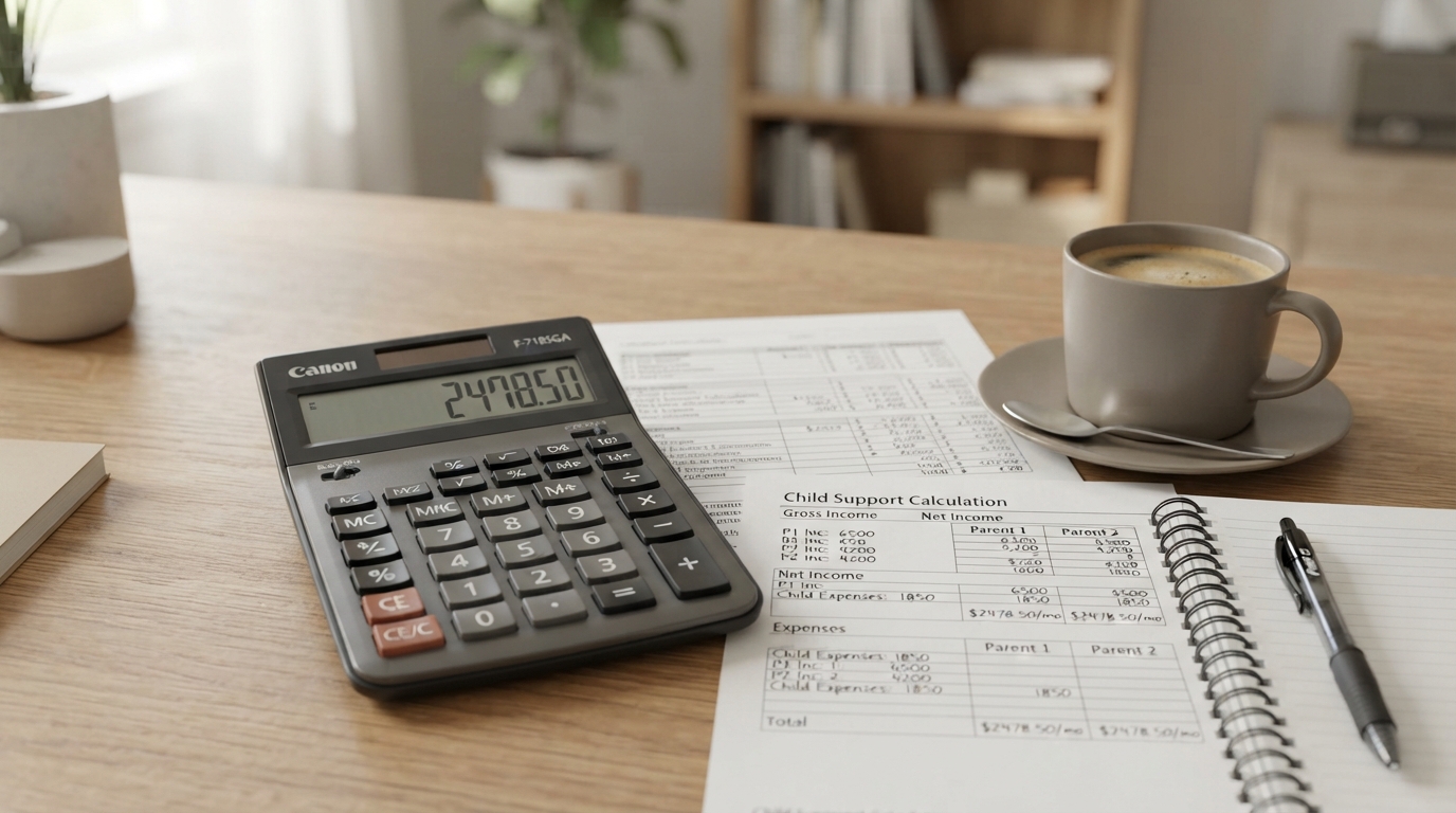 New York child support calculator with financial spreadsheets on a desk
