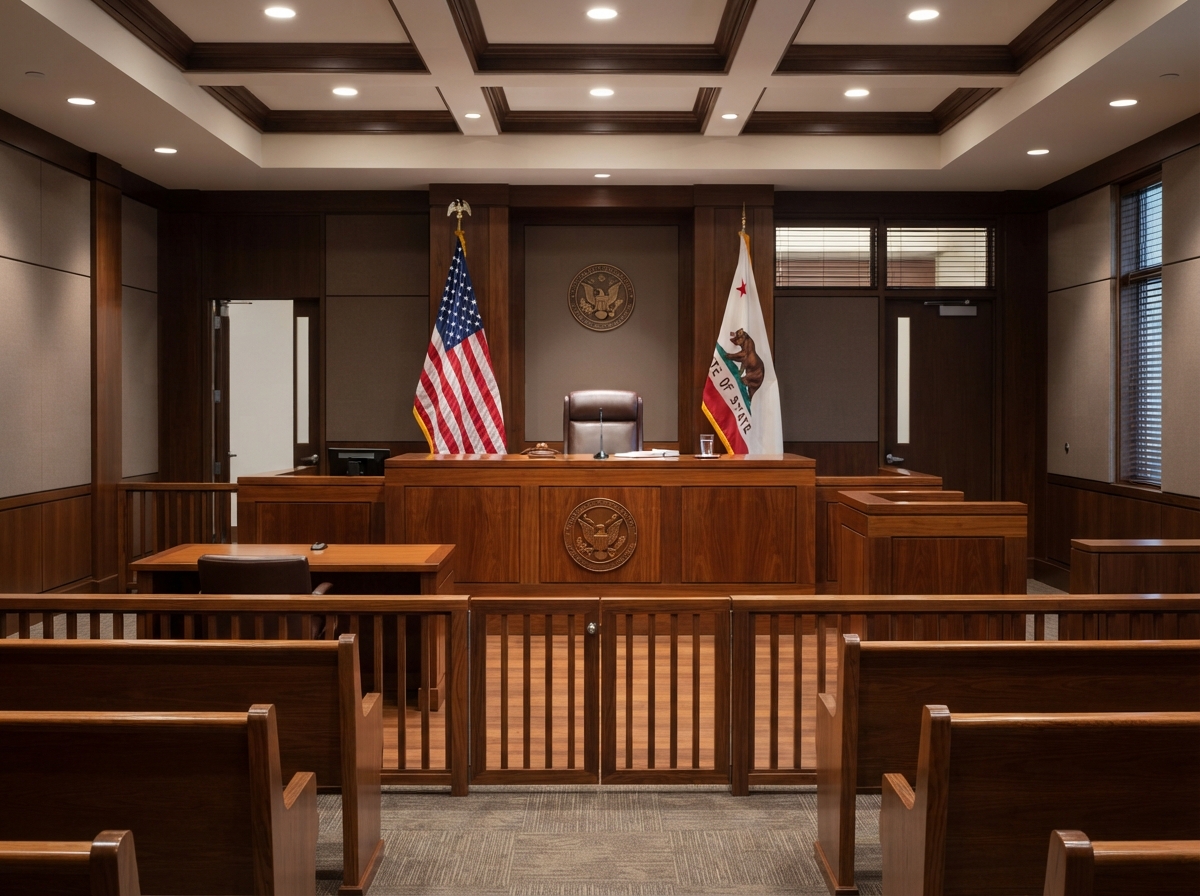 New York criminal defense courtroom interior with wooden benches