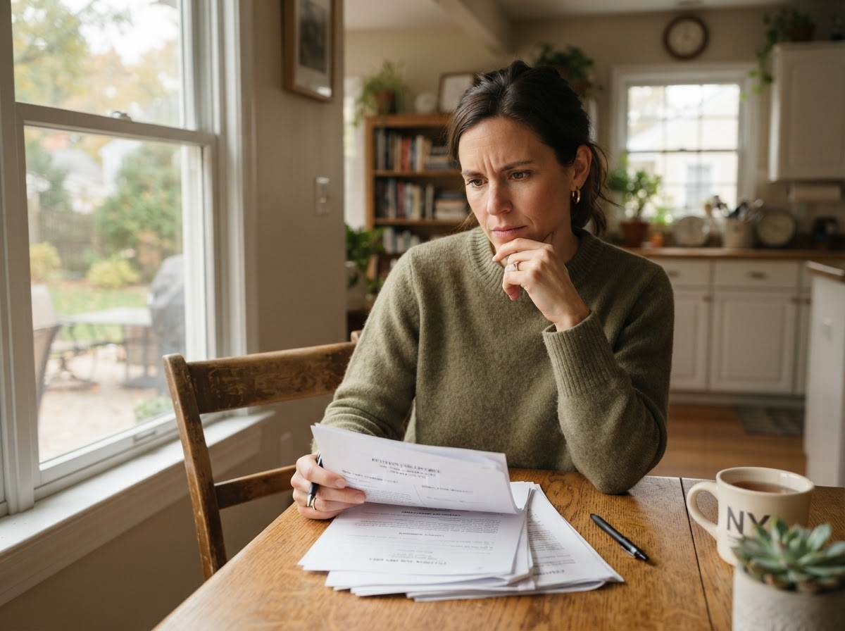 Parent reviewing divorce and custody documents at home in Nassau County New York