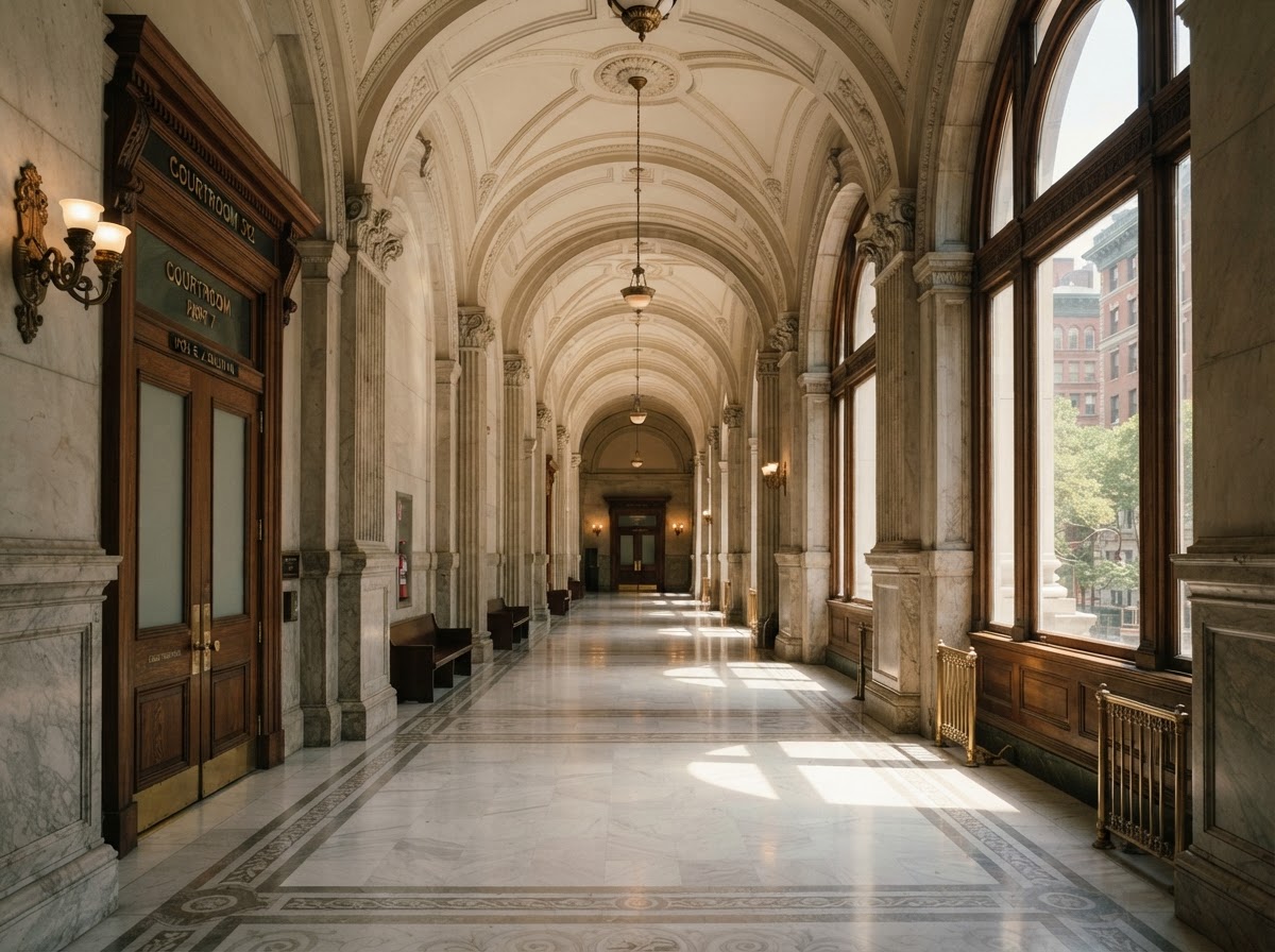 New York courthouse corridor where former prosecutor Mendy White tries criminal cases