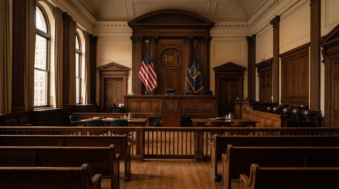New York courtroom interior with wooden benches where arraignments are held