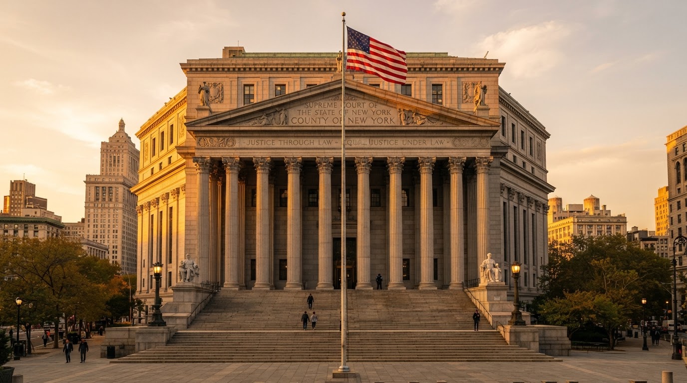 New York courthouse exterior at golden hour representing White Law Group of New York