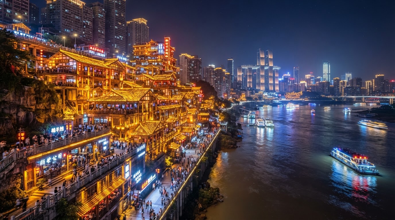 Hongyadong iluminado fue uno de esos lugares donde entendimos por qué Chongqing se ha convertido en una de las ciudades más fotografiadas de China.