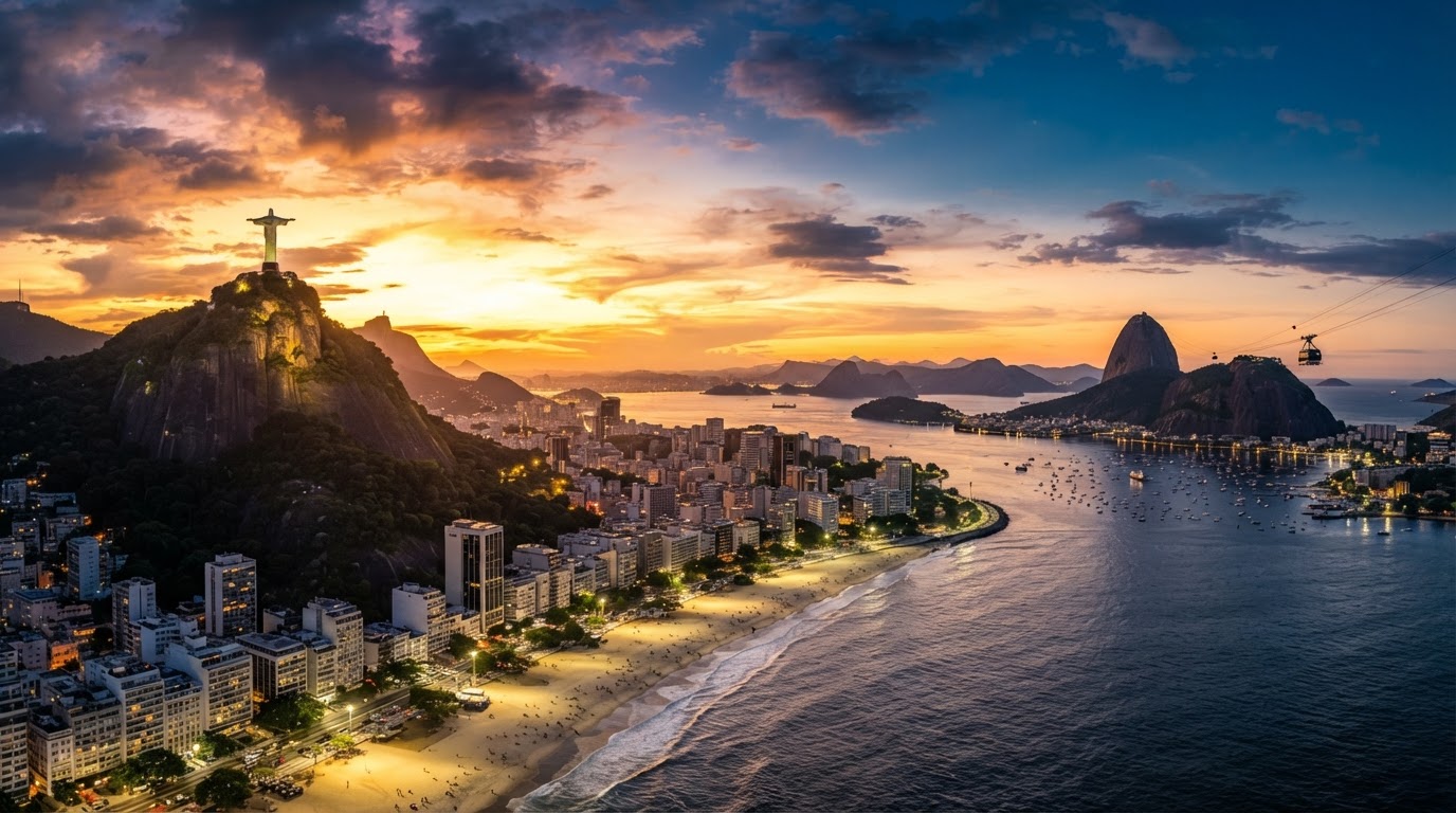 Paisaje panorámico de Brasil: Río de Janeiro, Cristo Redentor y playas