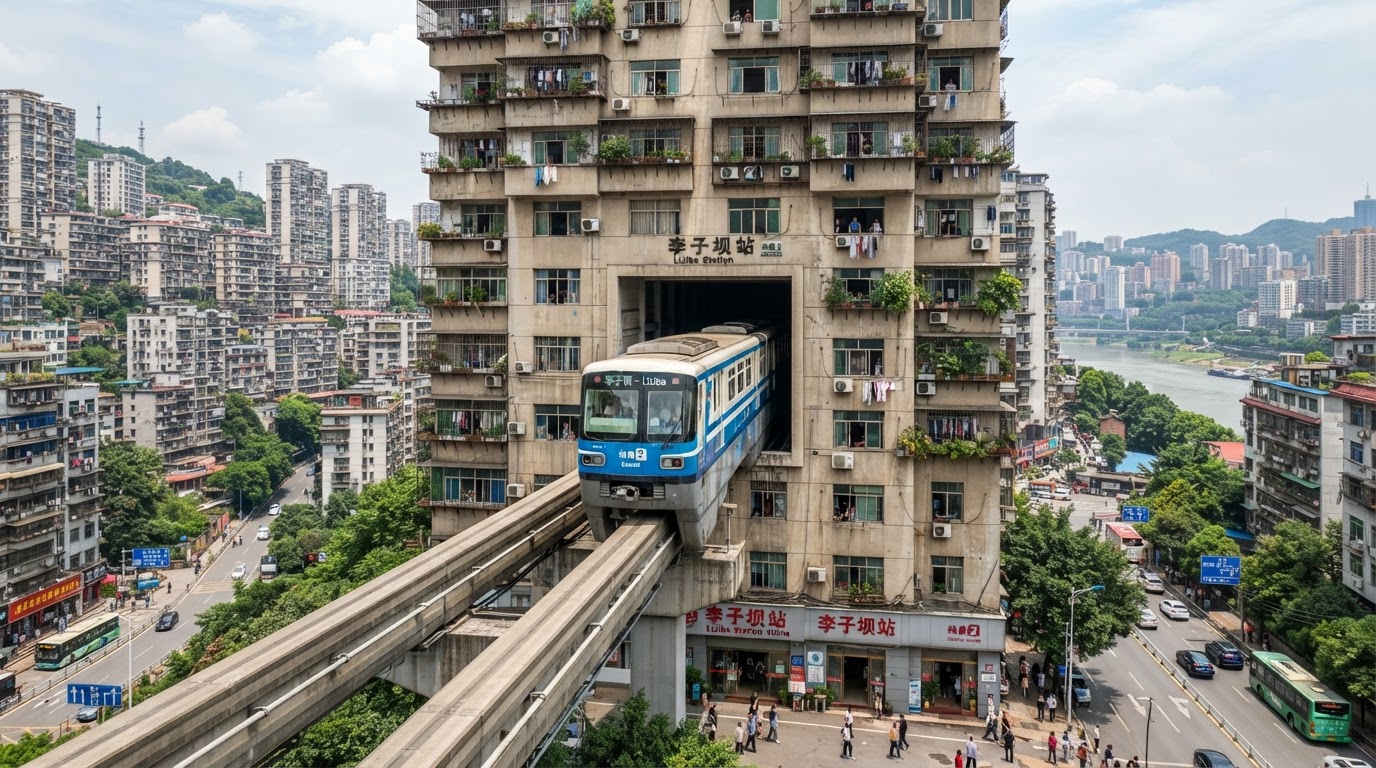 La estación Liziba es uno de los ejemplos más increíbles de cómo Chongqing adaptó su transporte a una ciudad construida entre montañas.