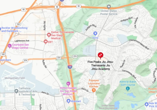 Google Maps location of Five Peaks Jiu Jitsu at 10615 Tierrasanta Blvd Suite I, San Diego, CA 92124