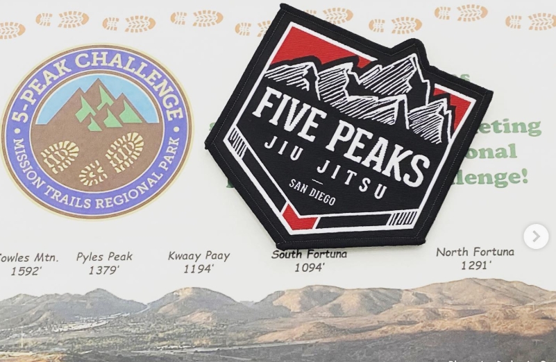 Five Peaks Jiu Jitsu logo patch alongside the Mission Trails Regional Park 5-Peak Challenge map in Tierrasanta, San Diego