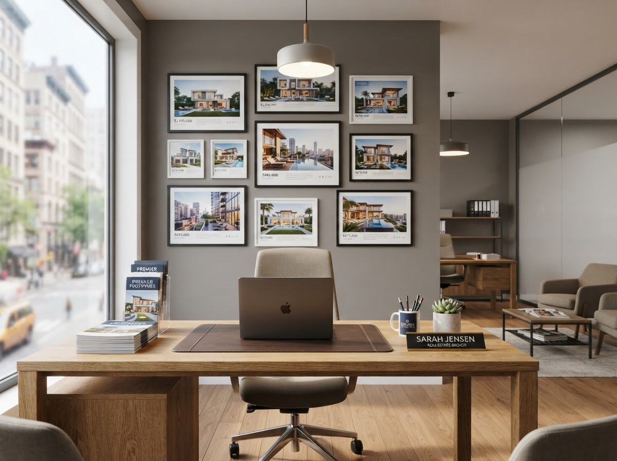 Clean photo of a real estate agency office with a neatly arranged desk and framed property photos