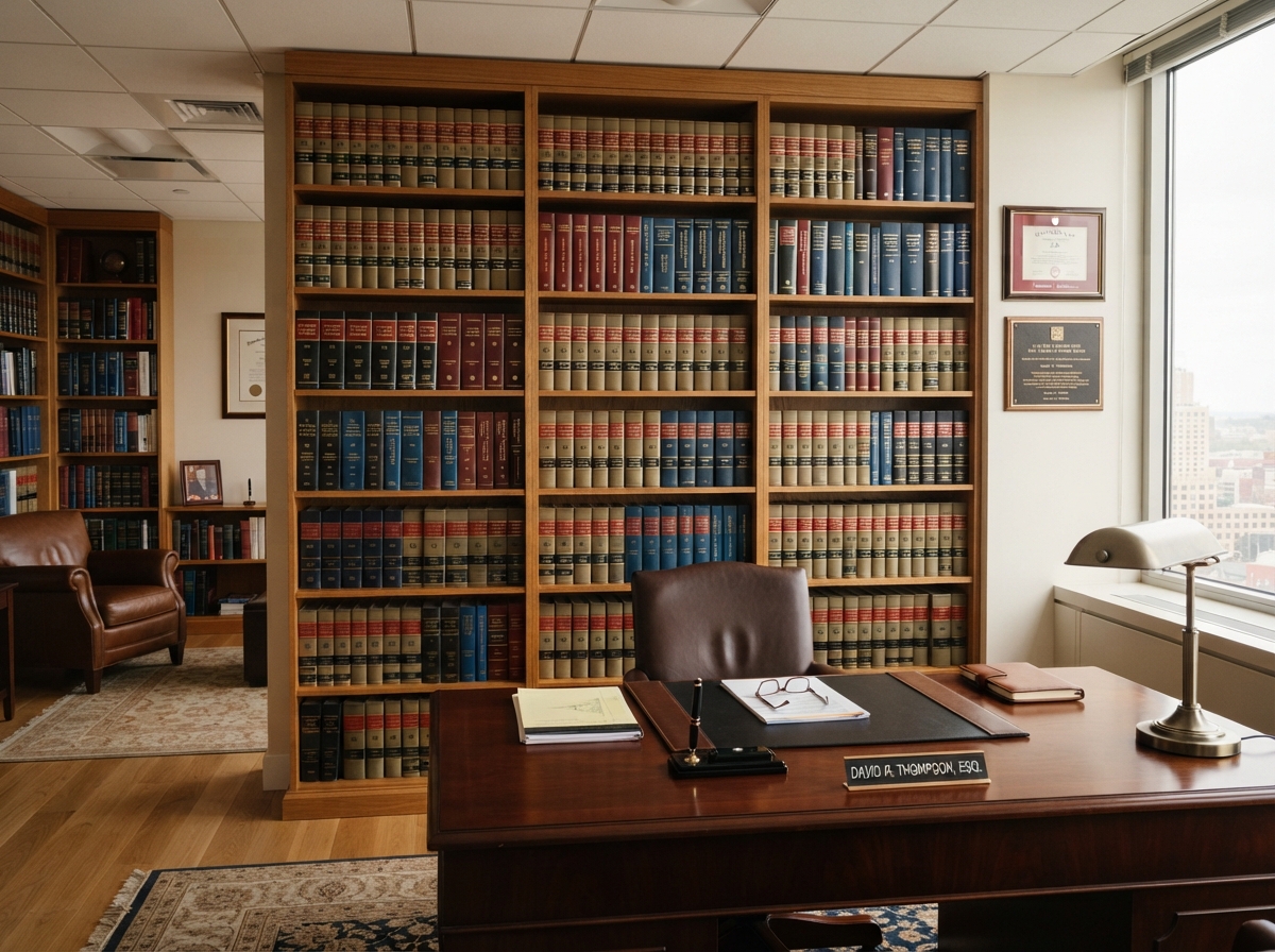 Clean wide photo of a tidy law firm office bookshelf with a desk in the foreground