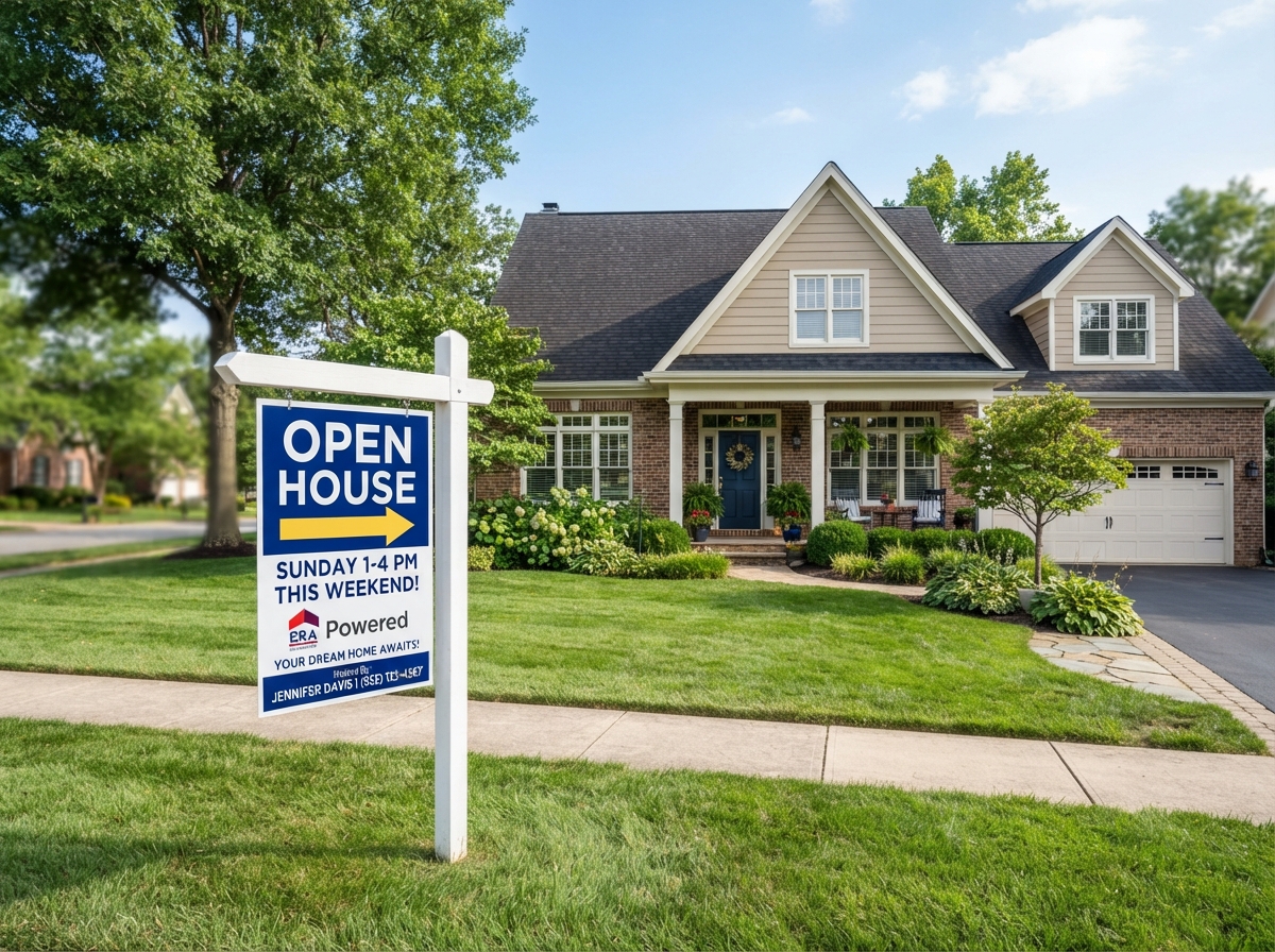 Clean photo of a real estate open house sign in front of a well-kept suburban home
