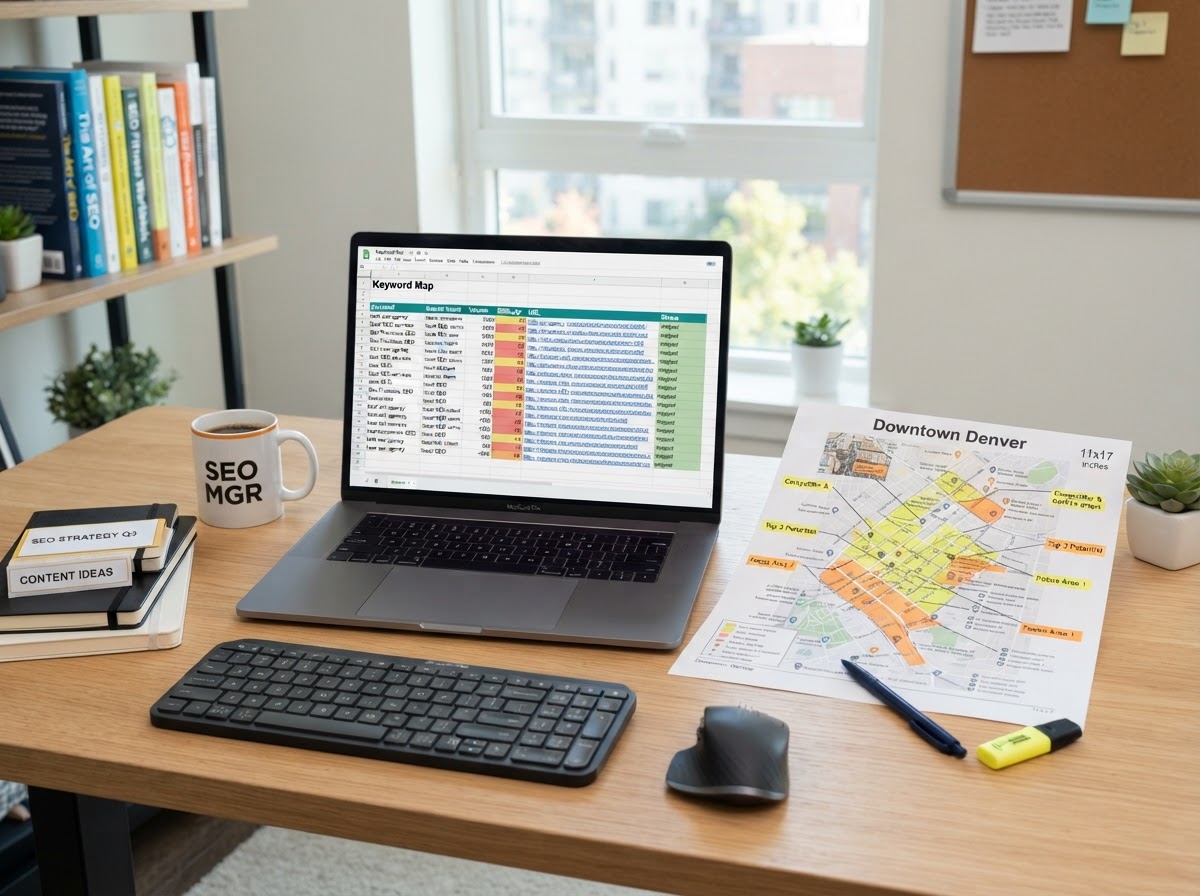 Clean photo of an SEO strategist's desk with a laptop showing a keyword map and a local map printout
