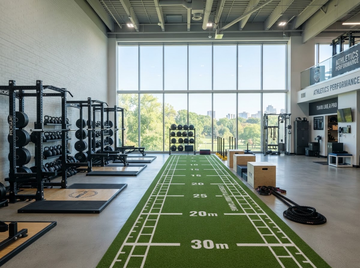 Clean photo of a modern athletics training gym with organized weight racks and a turf lane