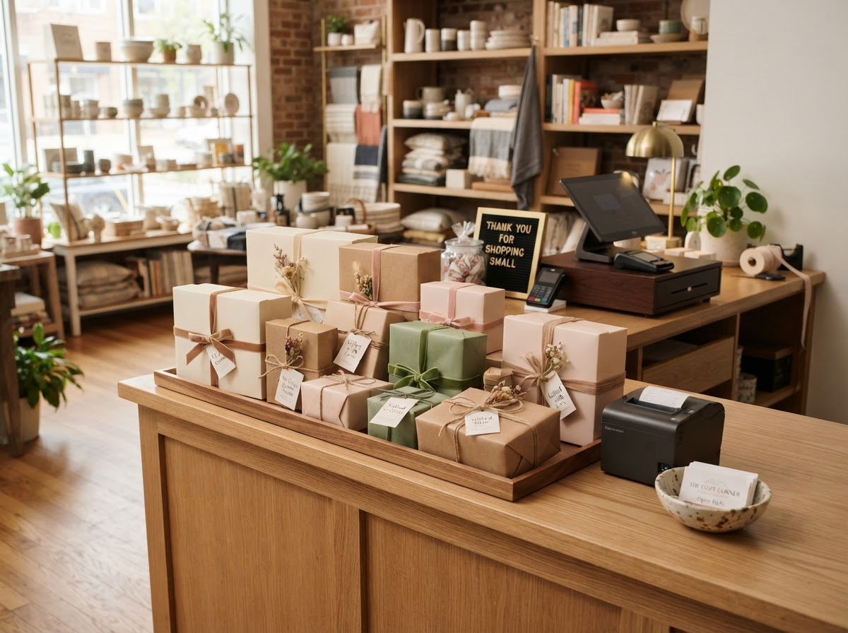 Clean photo of a small boutique retail shop checkout counter with neatly wrapped gift boxes