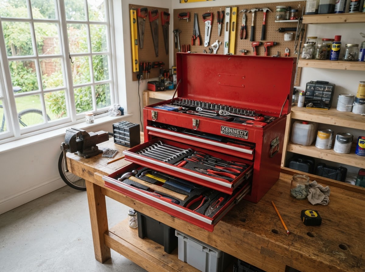 Clean photo of a handyman's organized toolbox open on a workbench in a garage