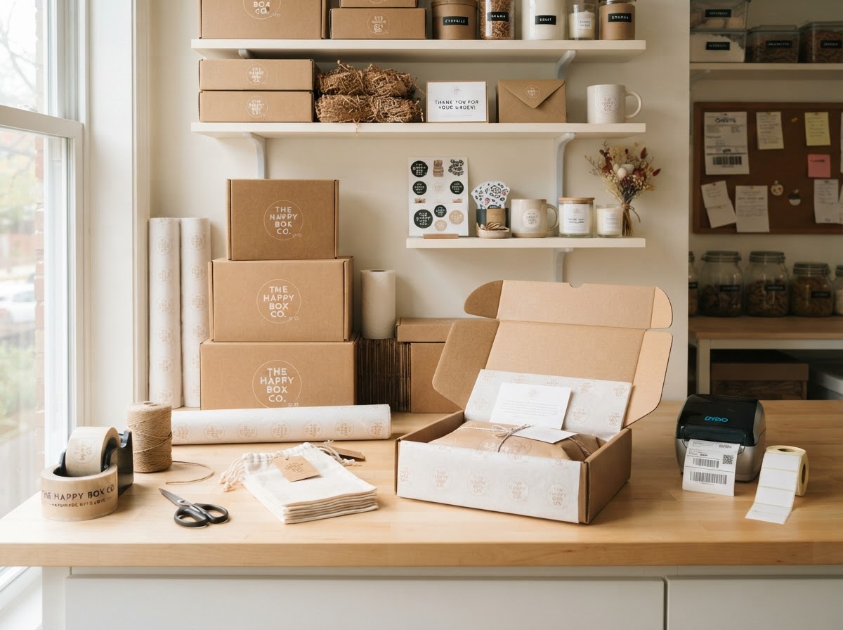 Clean photo of a small business owner's online store packaging station with branded tissue paper and boxes