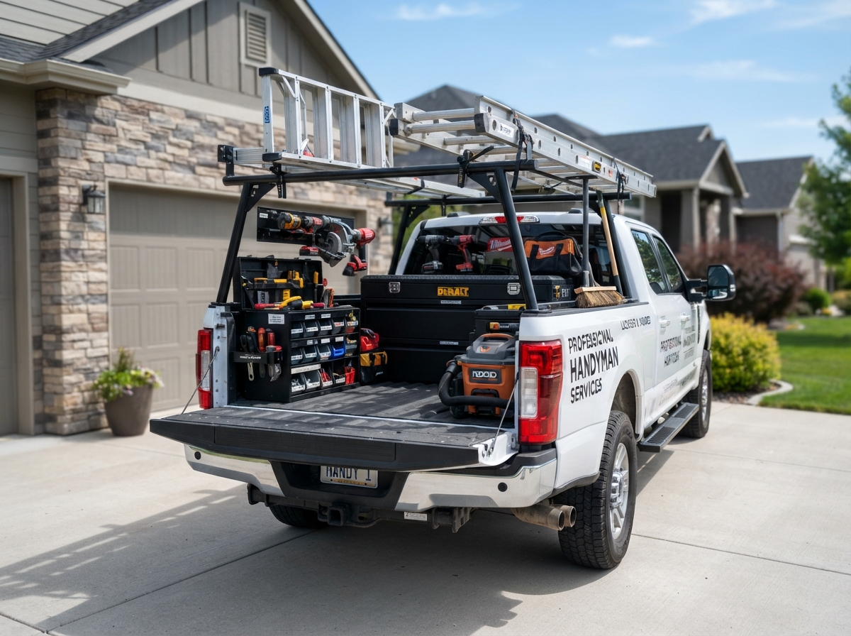 Clean photo of a handyman contractor's pickup truck bed neatly organized with tool boxes and ladders
