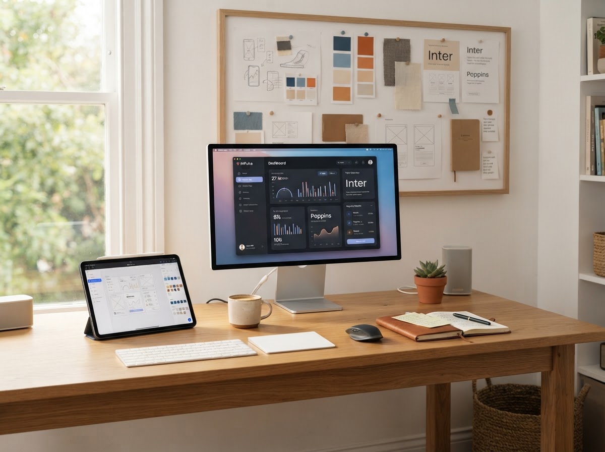 Clean photo of a web designer's minimalist desk with a tablet showing a UI design and a mood board