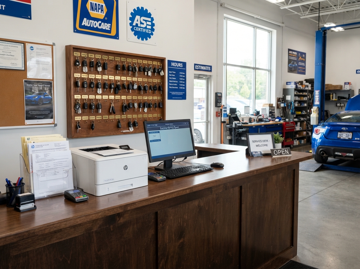 Clean photo of an auto repair shop office counter with an invoice printer and a car key rack