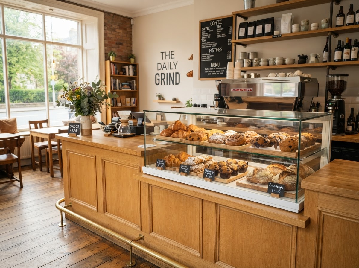 Clean photo of a small independent cafe counter with pastries displayed neatly in a glass case