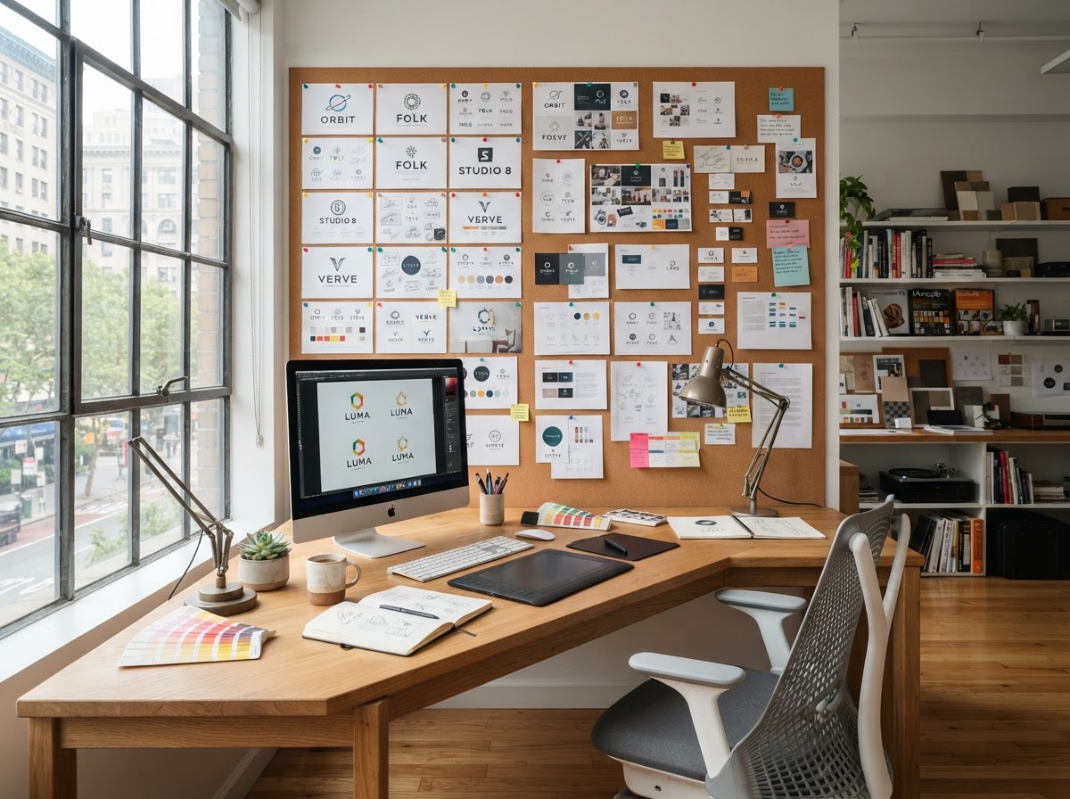 Clean photo of a creative branding studio desk with printed logo proofs pinned to a corkboard