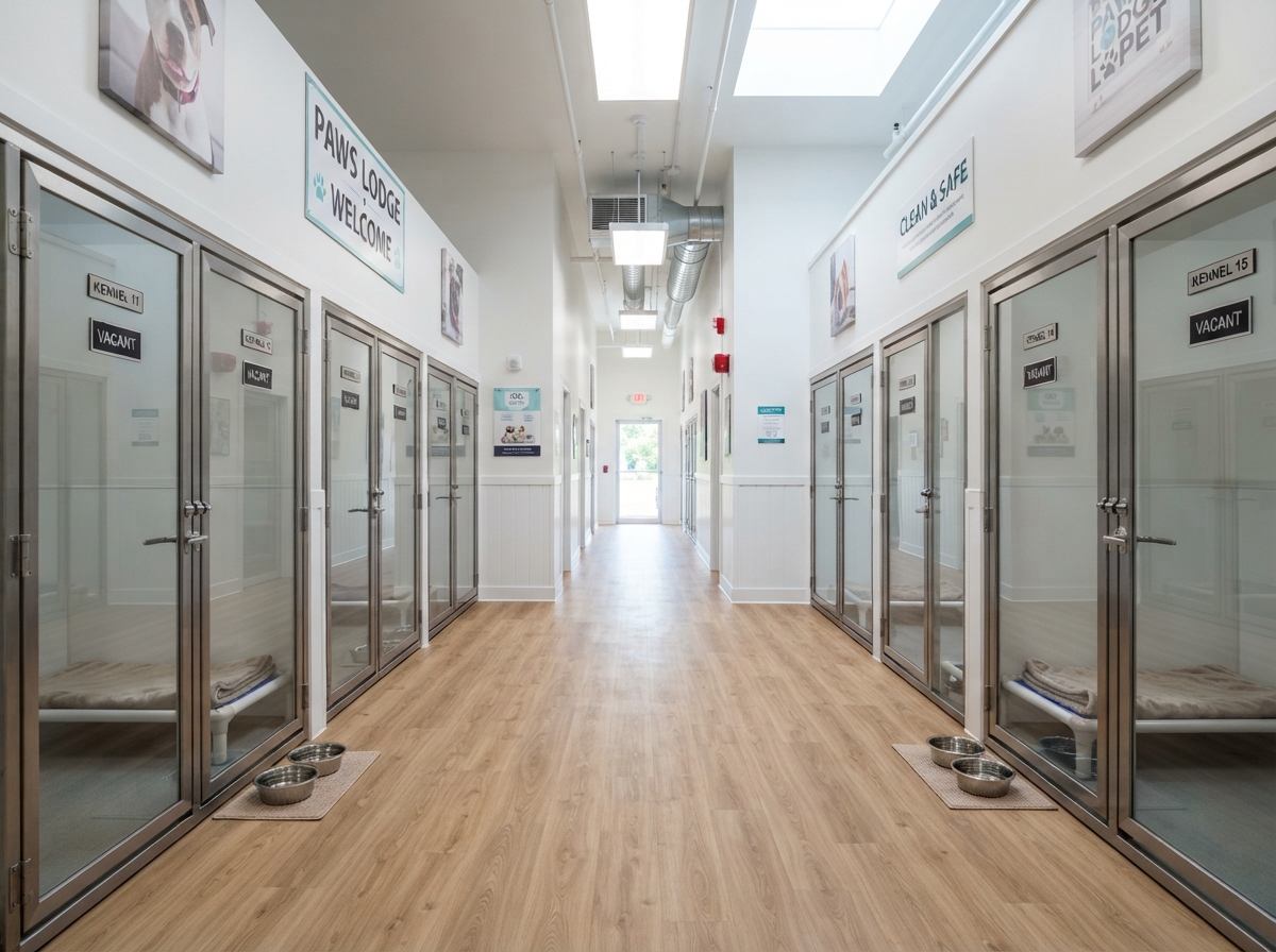 Clean photo of a pet boarding lodge hallway with clean kennels and food bowls neatly arranged