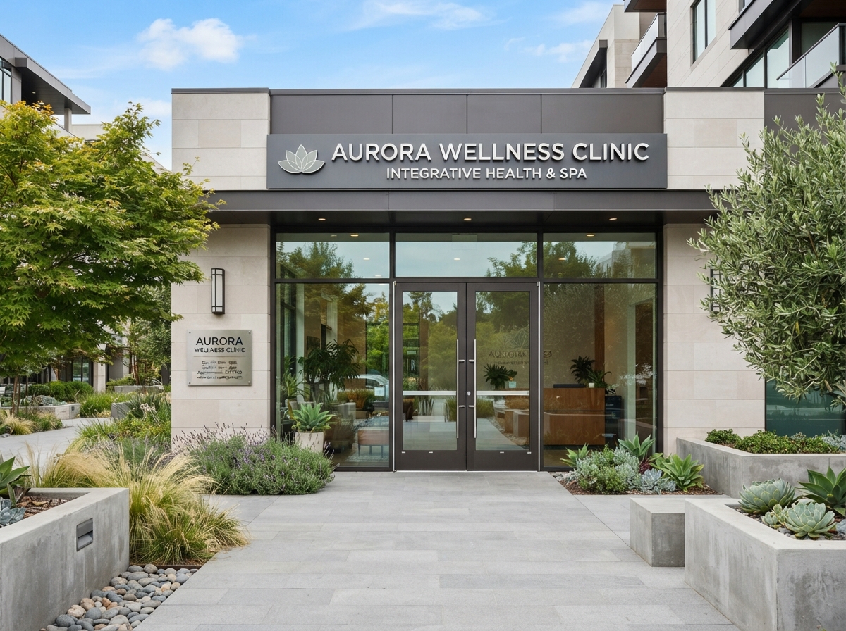 Clean photo of a modern wellness clinic exterior entrance with clean signage and glass doors