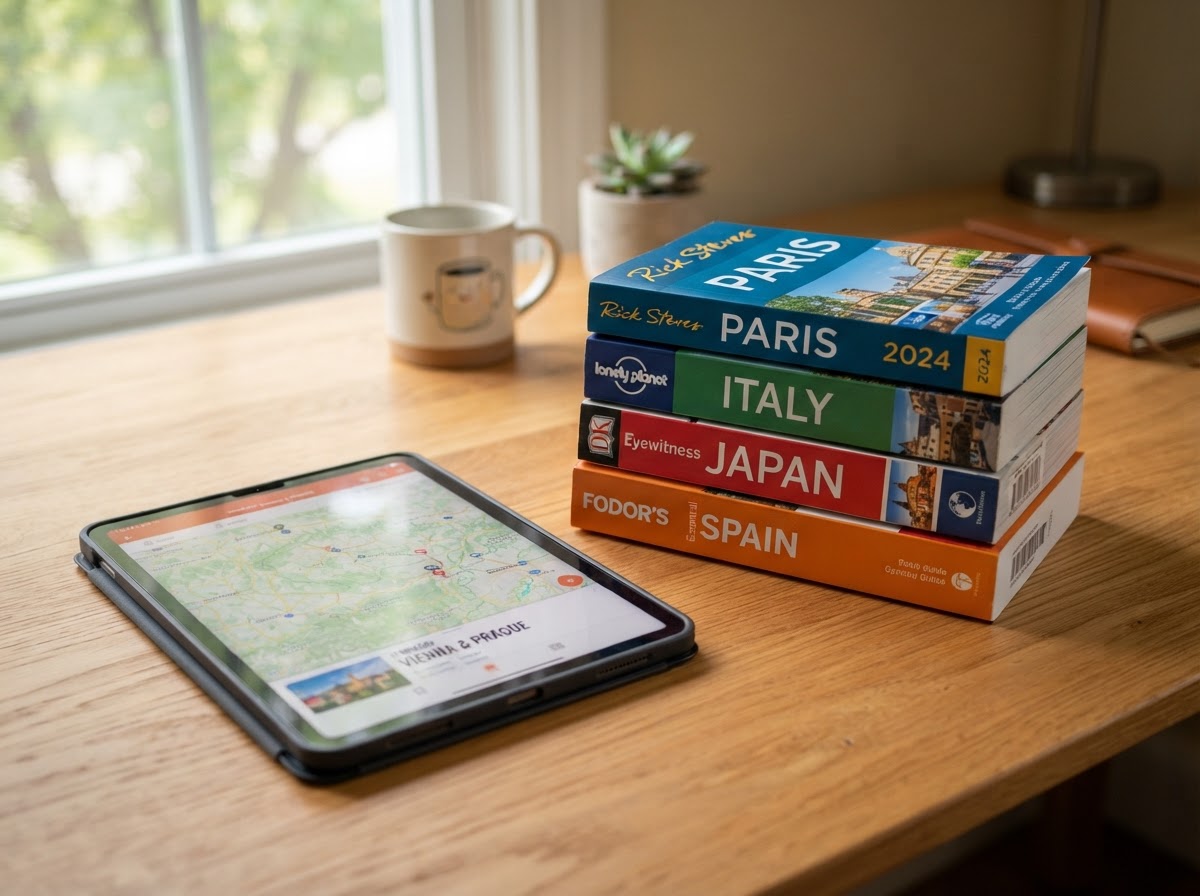 Clean photo of a stack of neatly arranged printed guide books and a tablet on a wooden desk