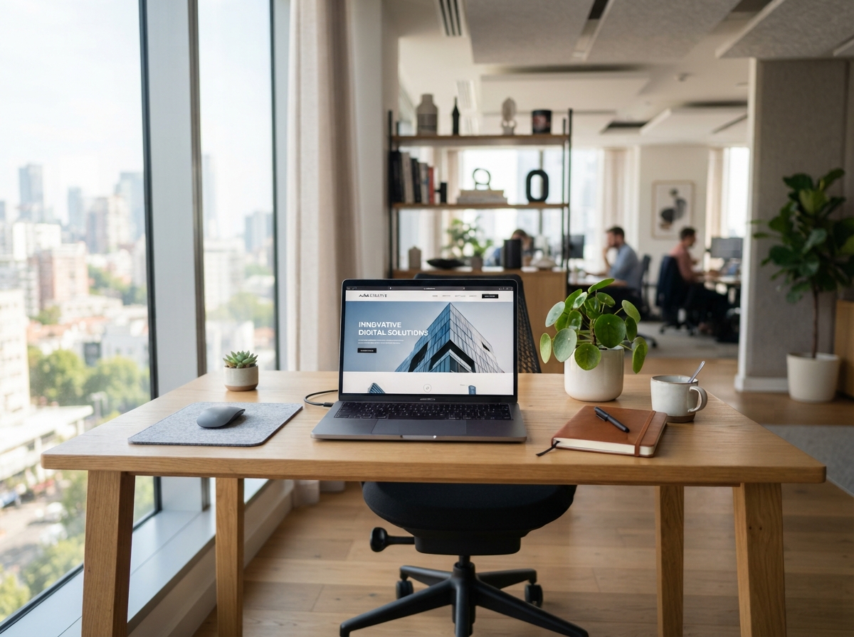 Clean photo of a bright modern office workspace with a laptop open on a desk showing a website