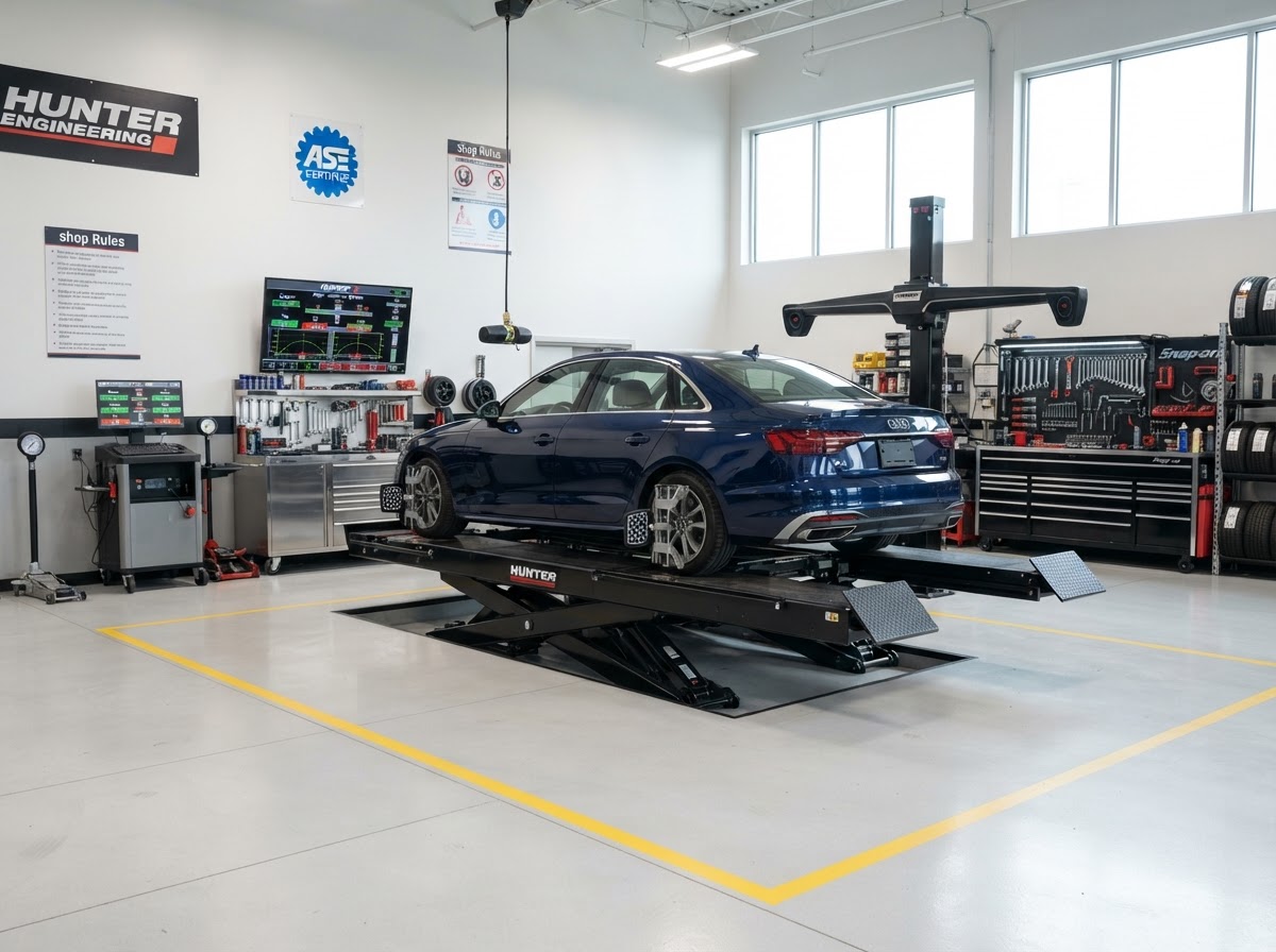 Clean wide-angle photo of an auto repair shop alignment bay with a car on a lift