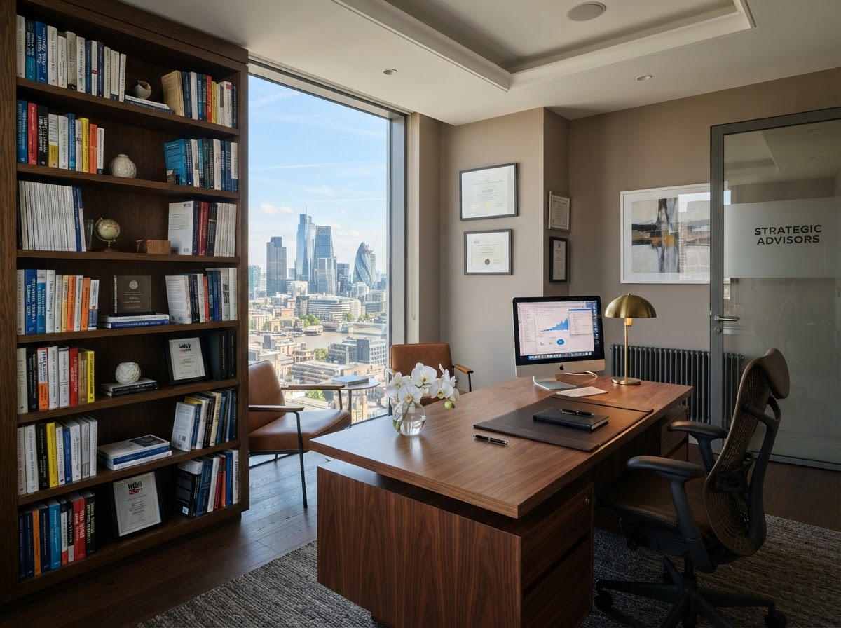 Clean photo of a boutique consulting firm's private office with a neatly organized bookshelf