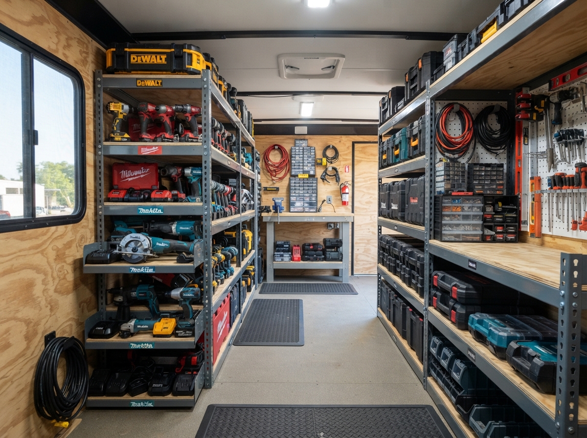 Clean photo of a construction site tool trailer interior neatly organized with power tools on shelves
