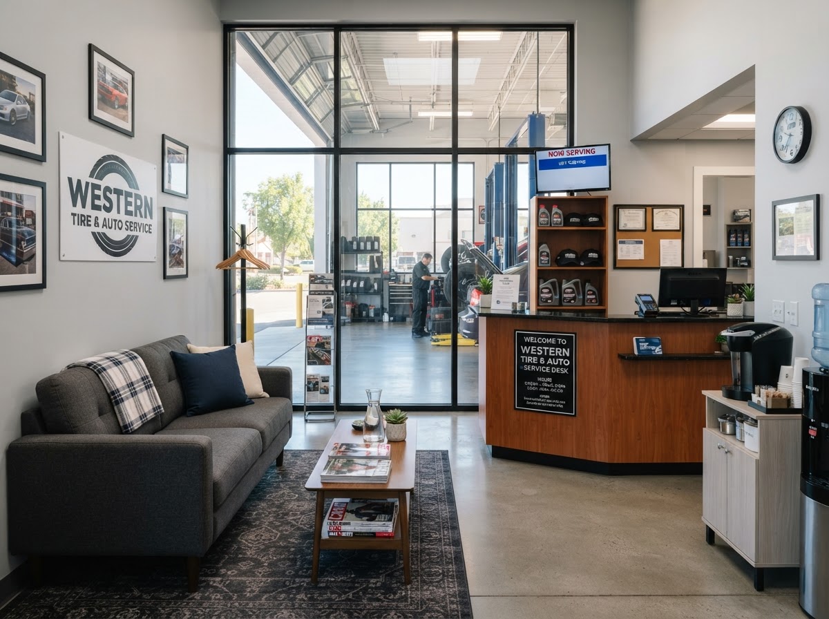 Clean photo of an auto shop customer waiting area with a tidy counter and large window