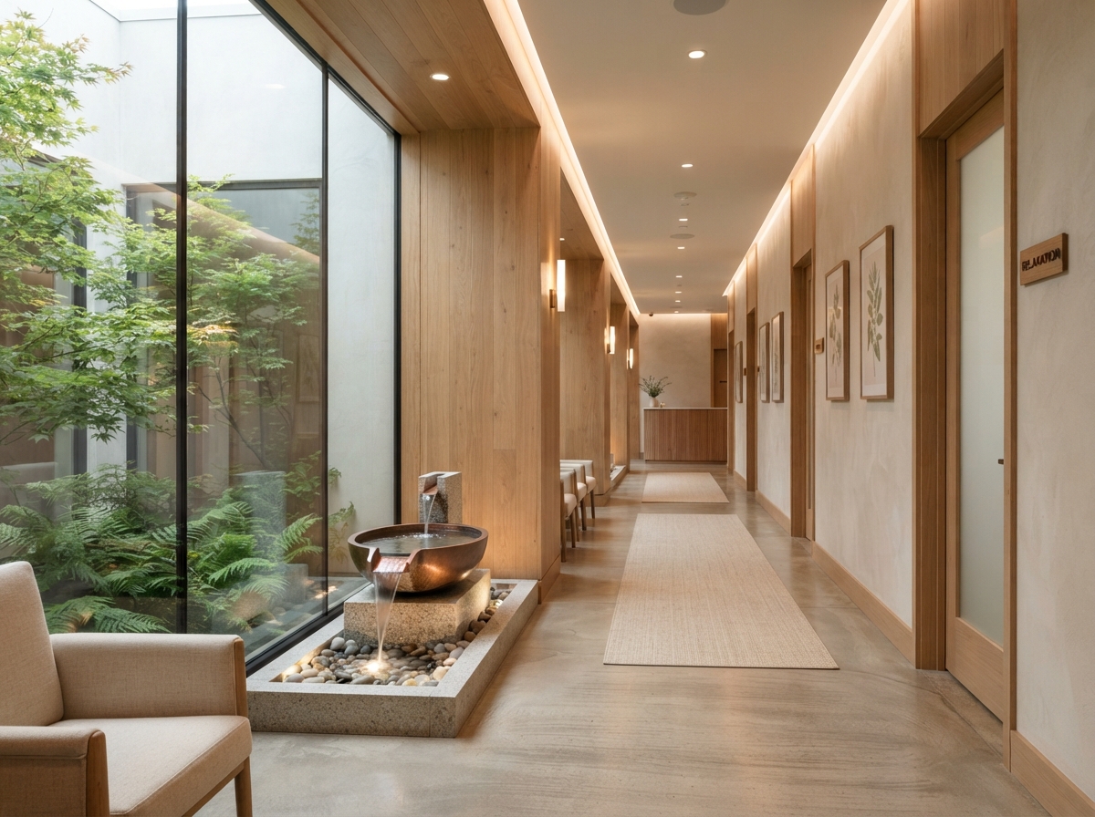 Clean photo of a wellness clinic hallway with natural wood accents and a small water feature