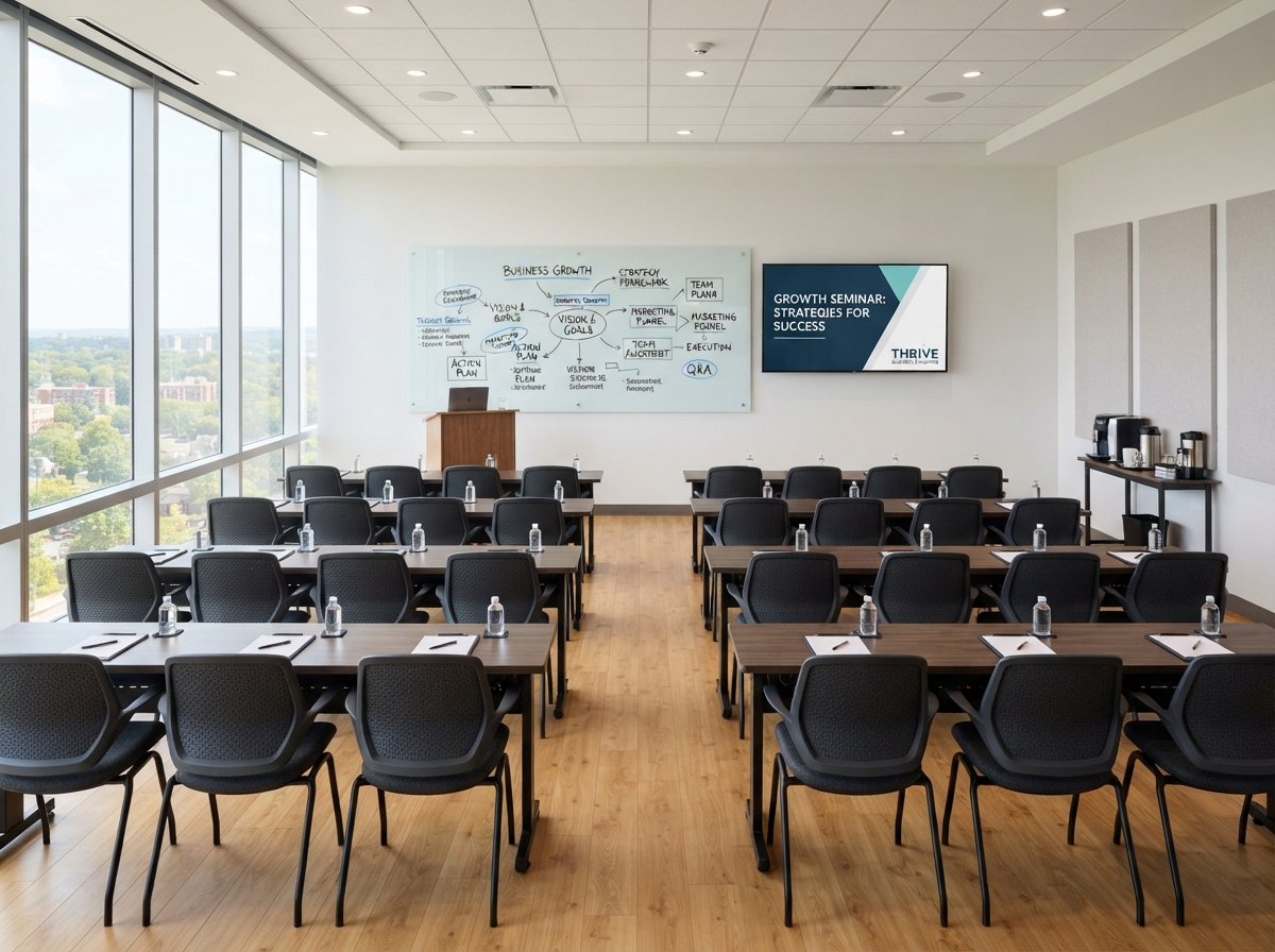 Clean photo of a business coach's seminar room with neatly arranged chairs facing a whiteboard