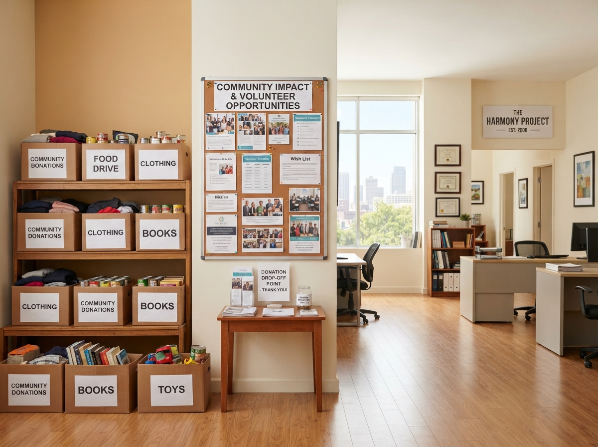 Clean photo of a nonprofit organization office with donation boxes neatly stacked and a bulletin board