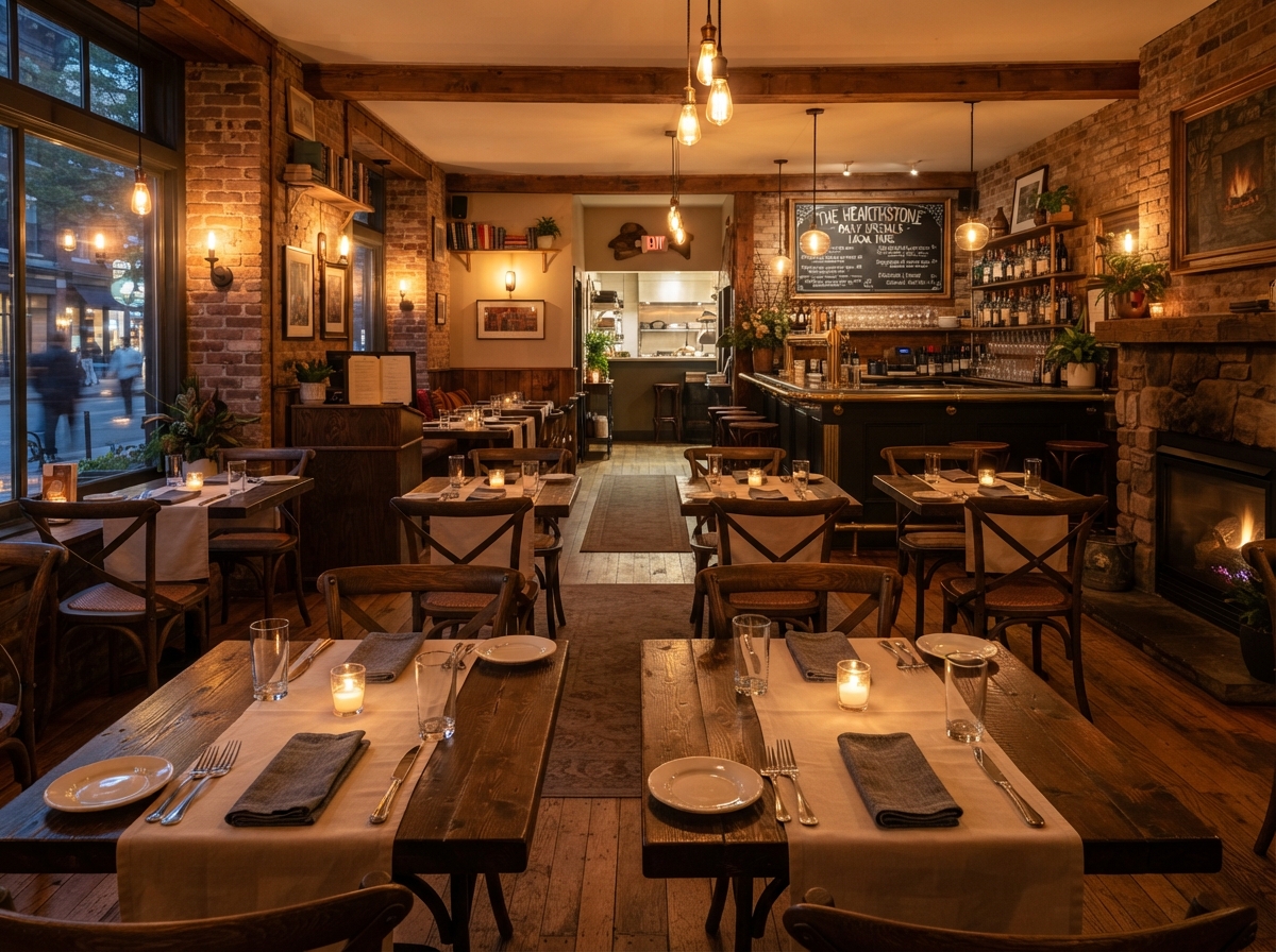 Clean photo of a cozy independent restaurant dining room with wooden tables set with cloth napkins