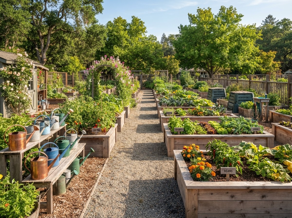 Clean photo of a sunlit community garden with raised wooden planting beds and watering cans