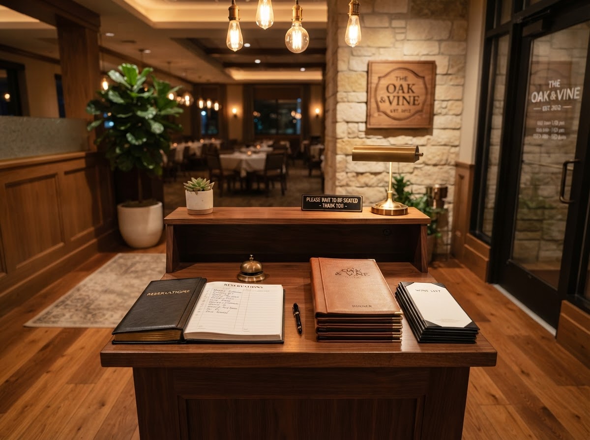 Clean photo of a restaurant host stand with a reservation book and menus neatly stacked