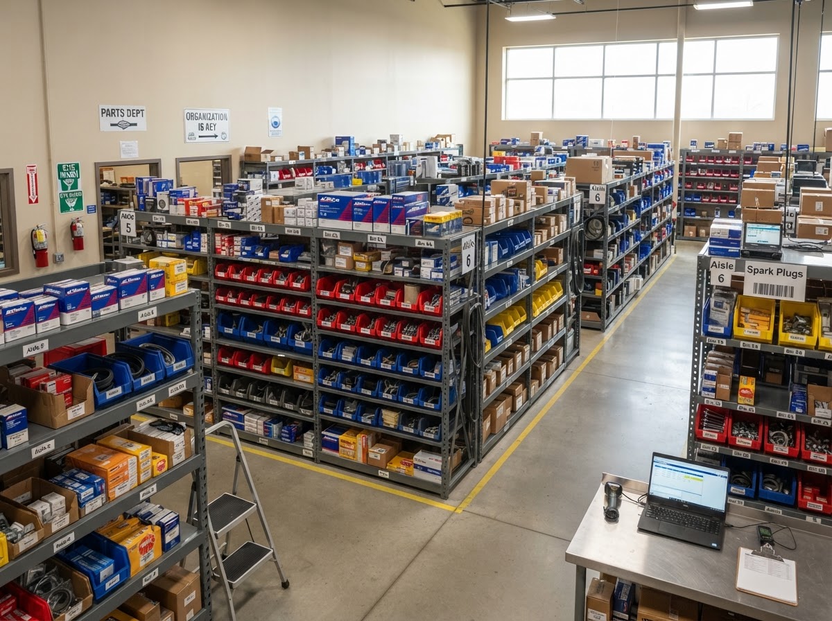 Clean photo of an auto repair shop parts room with organized parts bins and shelving