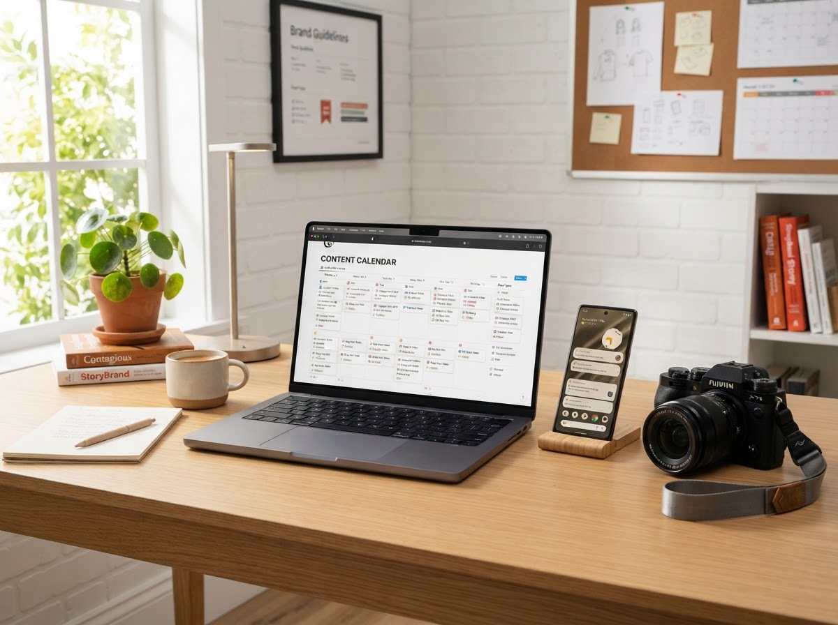 Clean photo of a social media workspace with a laptop showing a simple content calendar