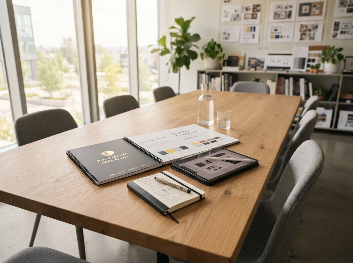 Clean photo of a creative studio conference table with a printed brand style guide and tablet