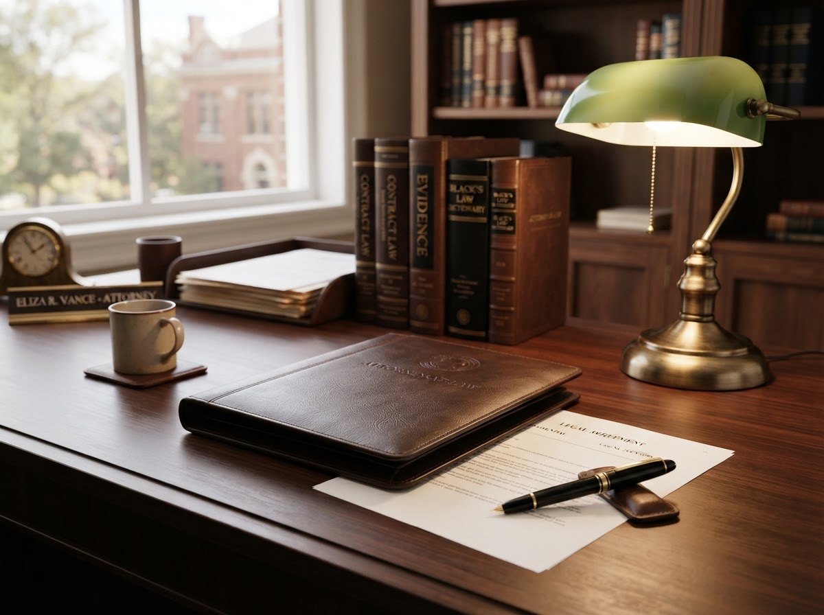 Clean close-up photo of a law office desk with a fountain pen, leather folder and desk lamp