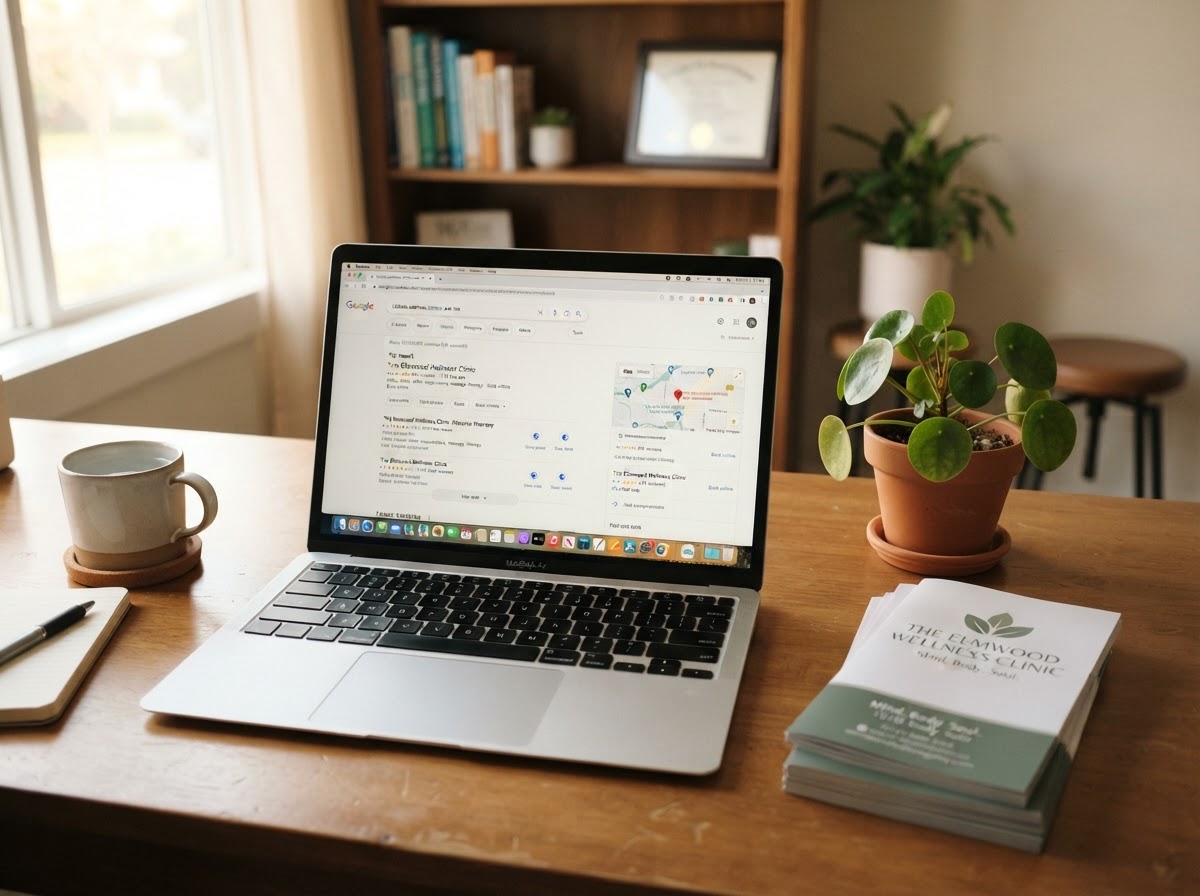 Clean photo of a wellness clinic office desk with a laptop showing an AI search results page recommending a local clinic