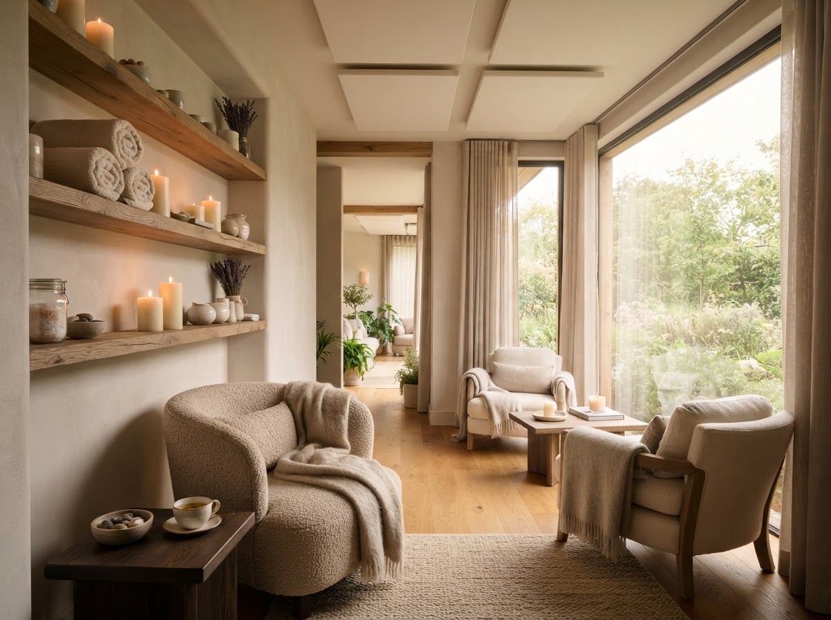 Clean photo of a beauty spa relaxation lounge with folded towels and candles on a shelf
