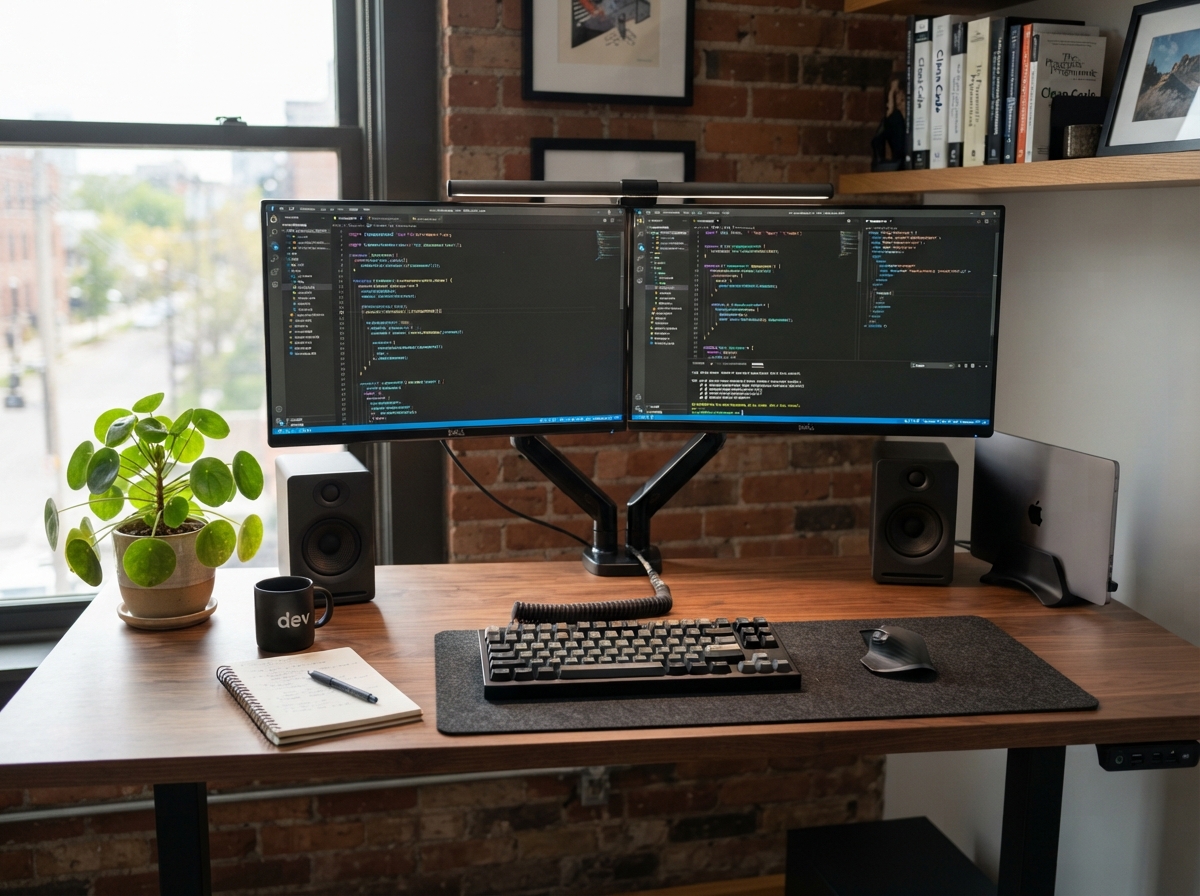 Clean photo of a developer's standing desk with two monitors showing clean code
