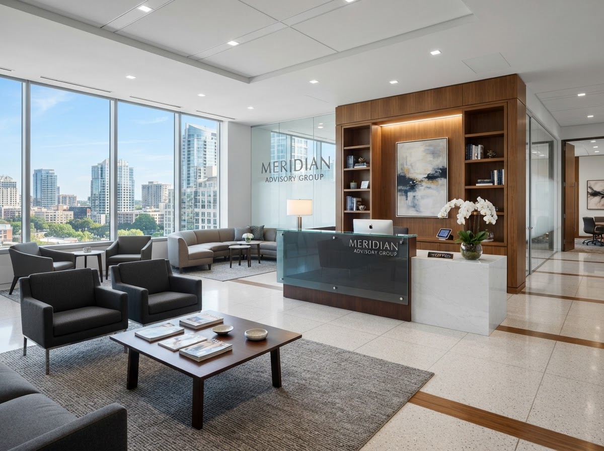 Clean photo of a modern professional services office lobby with neatly arranged seating
