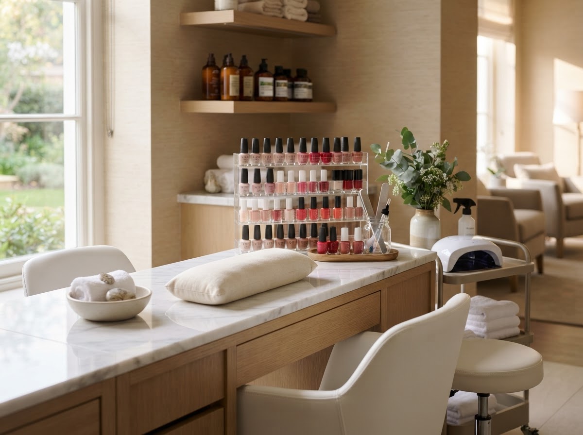 Clean photo of a boutique day spa manicure station with neatly arranged nail polish bottles and towels
