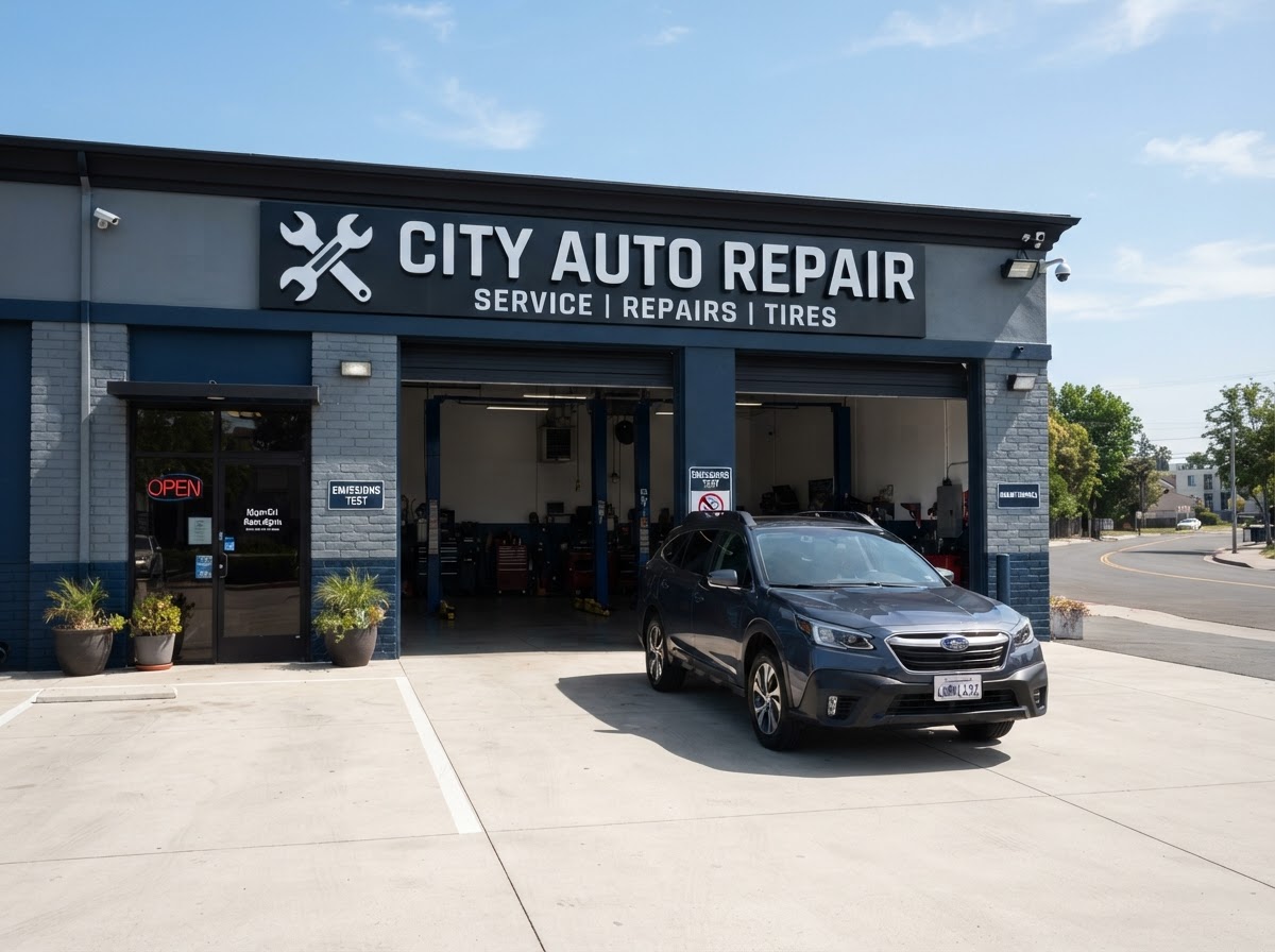 Clean photo of an auto repair shop entrance with a car pulled up outside and clean signage