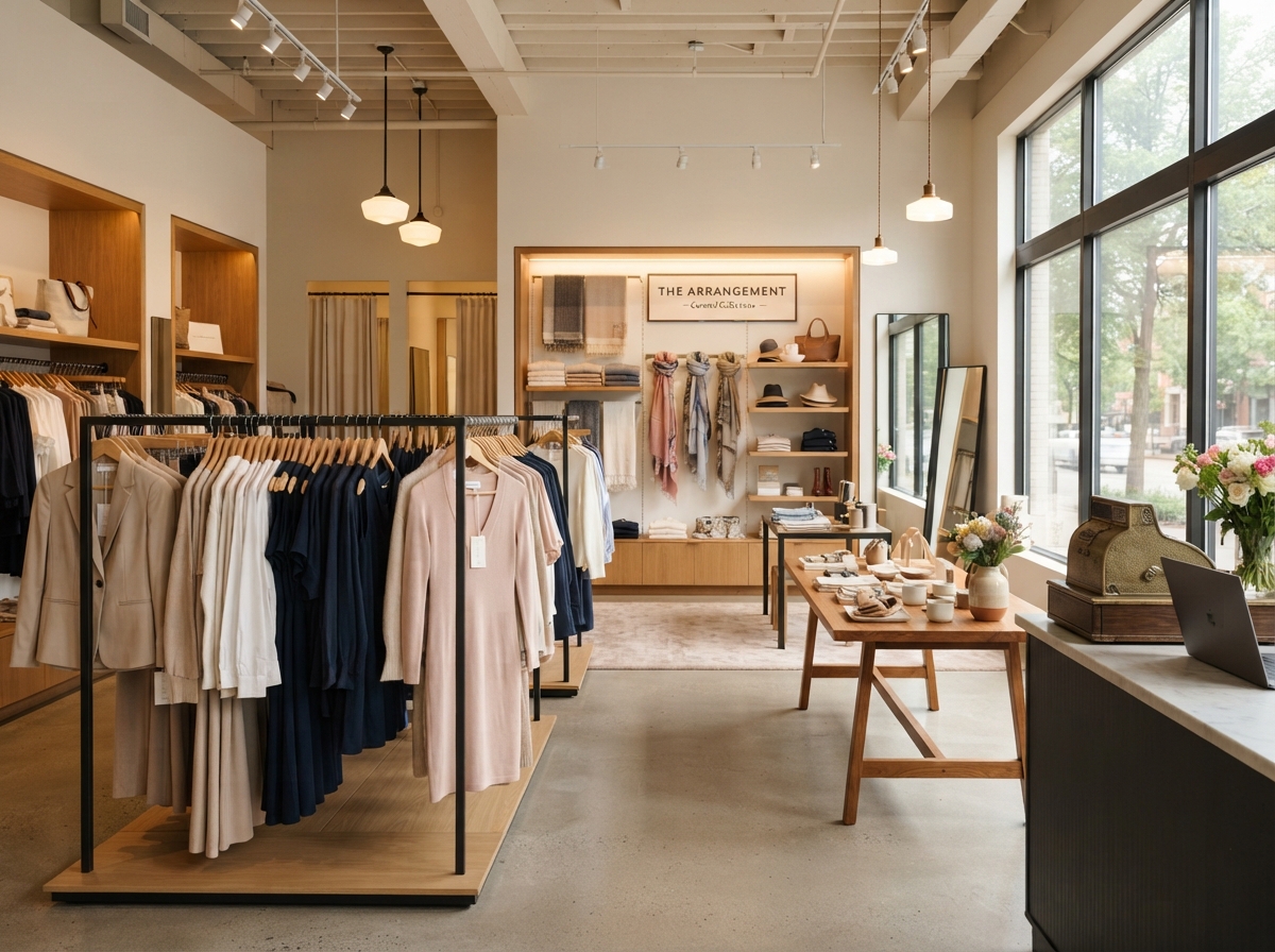 Clean photo of a boutique clothing retail store interior with neatly arranged racks