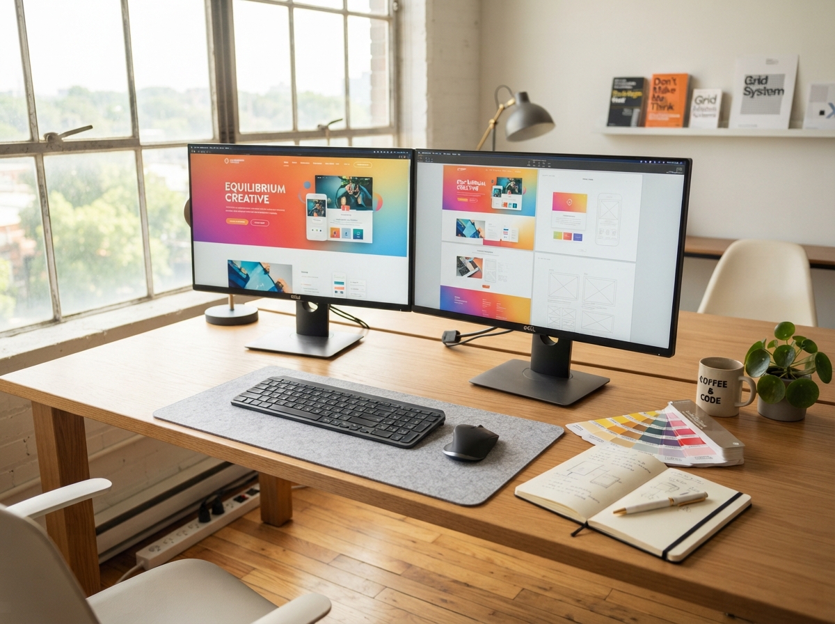 Clean photo of a web design studio desk with dual monitors, color swatches and a notebook in natural daylight